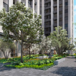 基地三面臨路，綠意沿著人行道一路延綿，建築空間與人行綠廊在自然掩映中，互為風景。