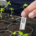 為每一種樹種繫上標籤，清楚標示樹種名稱、分盆日期、種子採集地、生產批號、水分、遮光級數，方便日後記錄與維護。
